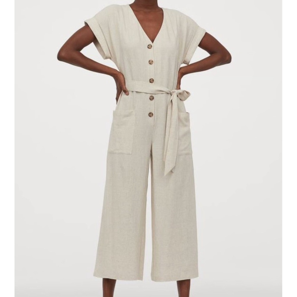 NWT H&M Linen Jumpsuit Sz XL Preppy Resortwear Vacation Cottagecore Momcore